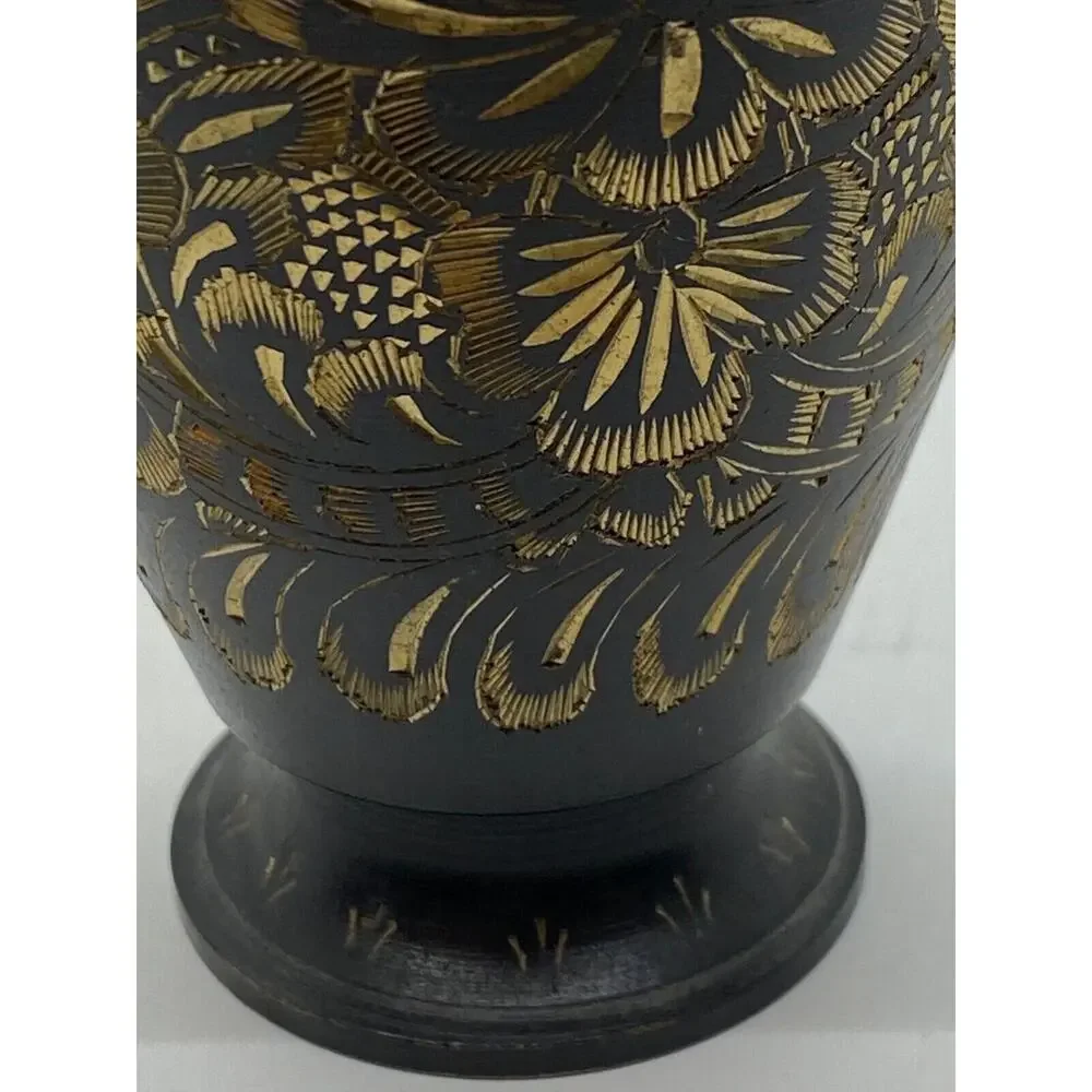 Vintage Collectible Black Gold Brass Hand Etched Indian Vase